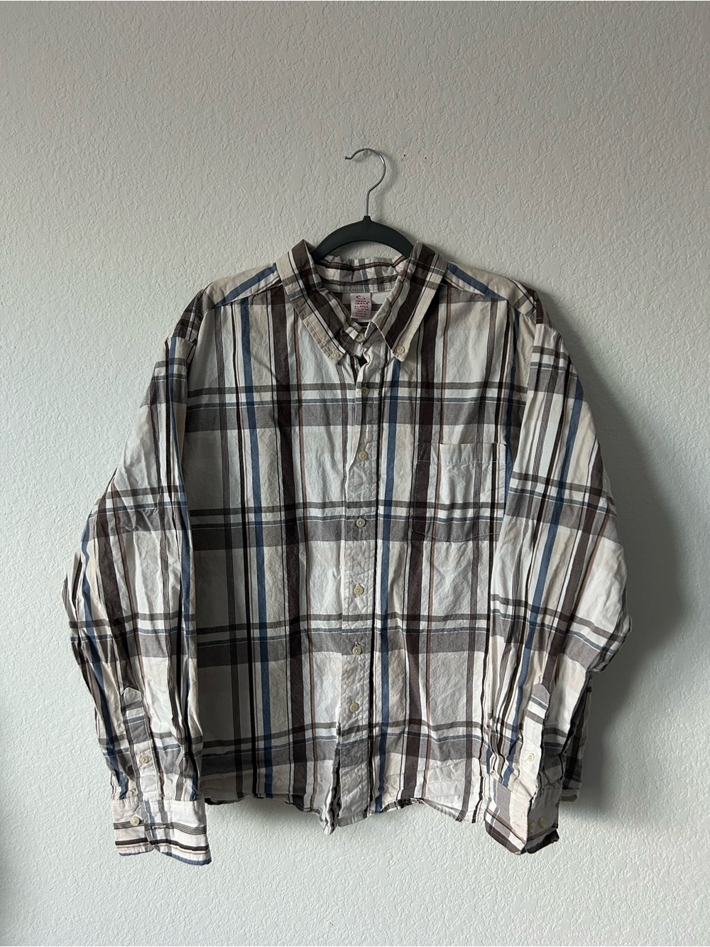 Open Trails Brown Blue Plaid Button Up Shirt Men's Size X-Large XL 100% Cotton